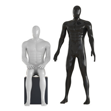 A white male dummy sits on a cube next to a standing black dummy. Front view. 3d rendering