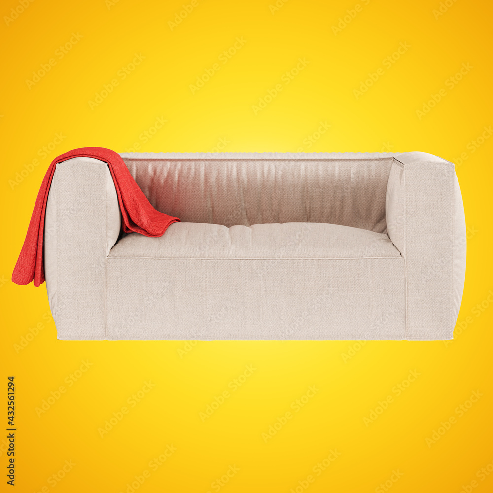 Aufkleber light beige fabric soft sofa with a cover on the armrest on a yellow background. 3d rendering. front