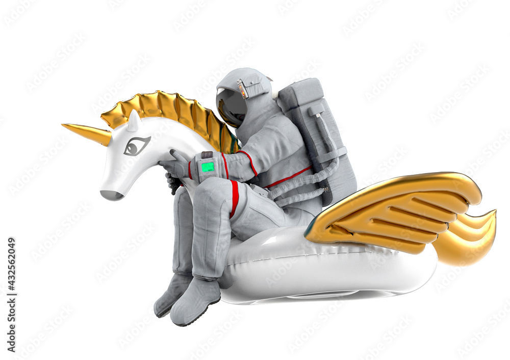 Wall mural astronaut is riding a inflatable unicorn on white background side view