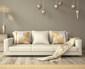 Interior design of a modern living room with a sofa and а pastel plaid 3d rendering