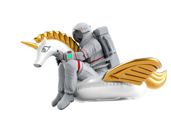 astronaut is riding a inflatable unicorn on white background side view © DM7