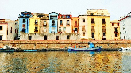 Fototapeta na wymiar A glimpse of the riverfront of Bosa in Sardinia in Italy. Digital painting.