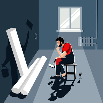 A guy in work clothes is sitting on a chair in front of wallpapering. Vector illustration.