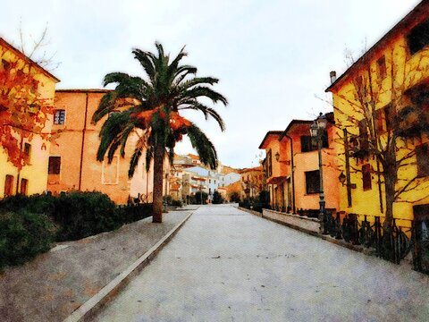 A glimpse of a downtown street in a small town in Sardinia in Italy. Digital painting.