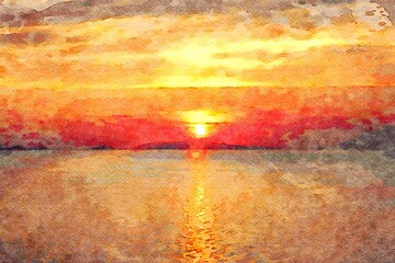The sun is going down on the horizon over the sea. Digital watercolors