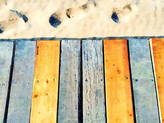 Detail of the wooden walkway leading to the beach with some footprints in the sand beside it. Digital watercolors