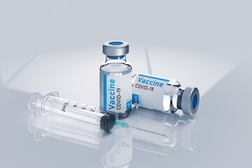 Ampoules vaccine from coronavirus with syringe 3d render illustration on white.