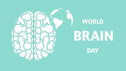 World brain day, human brain and planet earth, banner with text. Vector stock illustration. 