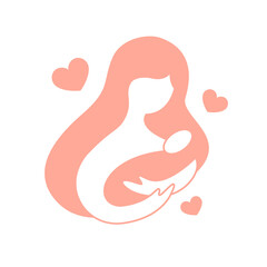 Woman mother with nursing baby silhouette isolated on white background. Mothers Day. Vector stock illustration. 