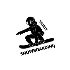 Snowboarder in simple black and white style isolated on white background with text. Vector stock illustration. 