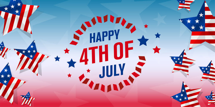 Trendy 4th of July usa independence day celebration design with stars with star shape American flag elements on colorful united states abstract background.
