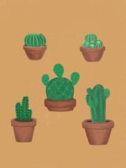 illustration with several types of cacti. thorny potted plants