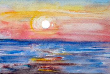 Naklejka na ściany i meble Watercolor sunny summer warm sea sunset, seascape