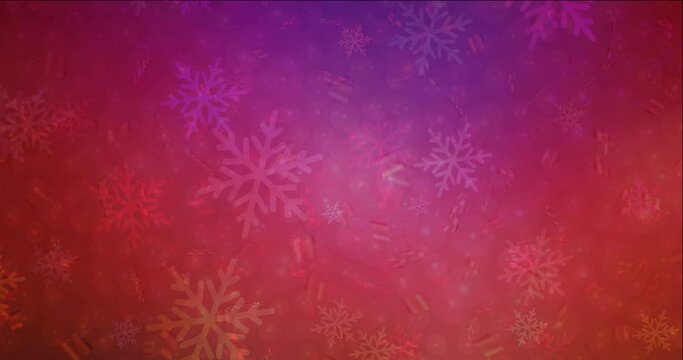 4K looping dark pink, red footage in Merry Christmas style. Holographic abstract video with snow and stars. Clip for holyday commercials. 4096 x 2160, 30 fps.