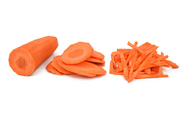 Half peeled carrots, carrots cut into slices and carrots cut into strips