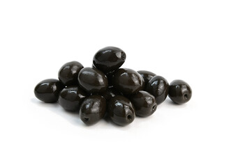 A pile of black olives. Light reflects off wet peelnd.