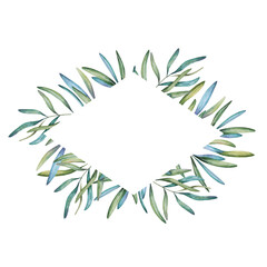 Rhombus frame of branches, leaves, blank for label. Illustration for greeting cards, invitation, wedding