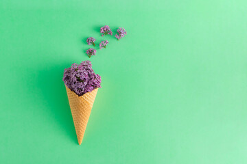 Natural ice cream cone with purple spring flowers on pastel green background. Minimal summer flat lay composition.