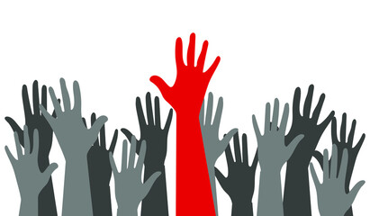 Silhouettes of hands of guys and girls of different nationalities and religions. International Youth Day. Voting in elections. Poster Struggle for Equal Rights. Gray and red. Vector graphics.