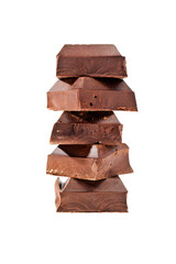 Stack of pieces of dark chocolate bar isolated on a white background