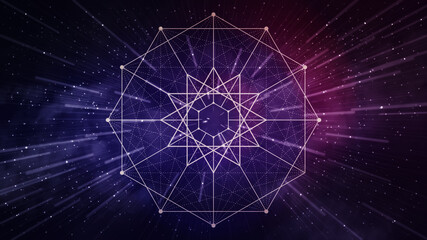 Purple and pink sacred geometry, space background - abstract, line art, dodecagram, dodecagon