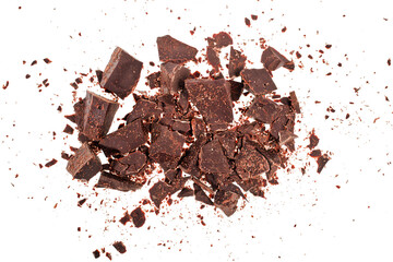 Chocolate pieces isolated on a white background. Top view.