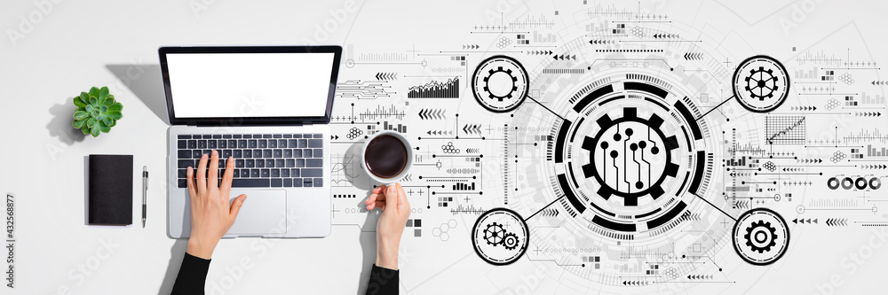 Poster automation concept with person using laptop computer