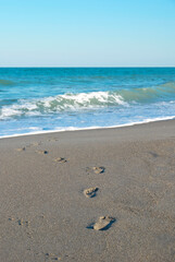 Child barefoot footprints in sand on beach