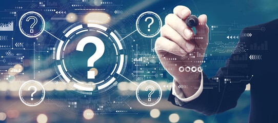 Question marks with a man on city background