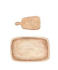 Doors for the kitchen are wooden. Watercolor illustration. Kitchen tools.