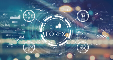 Fototapeta na wymiar Forex trading concept with blurred city lights