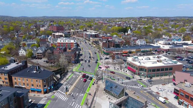 Porter Square aerial view on Somerville Avenue at Massachusetts Avenue in spring, city of Cambridge, Massachusetts MA, USA. 