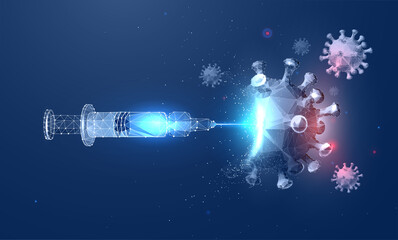 Syringe and virus vaccine concept in futuristic polygonal style. Antiviral measures, coronavirus immunity protection. Vector illustration of technologies in medicine in wireframe polygonal style © Lagunova