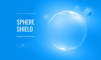 Protection shield with virus futuristic vector illustration on a blue background. Bubble shield in an abstract glowing style. Landing page and cover in tech style
