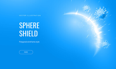 Dome shield geometric vector illustration on a blue background. Bubble shield futuristic for protection in an abstract glowing style. Landing page and cover in tech style - obrazy, fototapety, plakaty