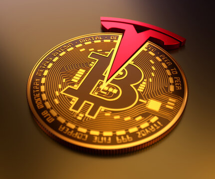 Tesla buys dollar 1.5 billion in bitcoin. Tesla invests in Crypto Currency. Red Tesla logo with goldish bitcoin. You can buy tesla car with bitcoins. 3D Illustration. 
