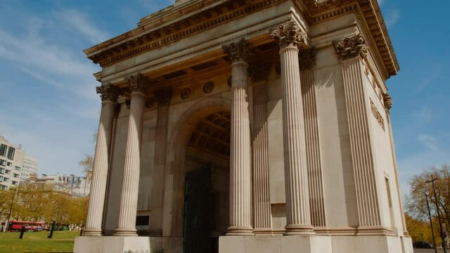 Close-up shot of Wellington Arch, or Constitution Arch, in Hyde Park Corner, London, UK, dedicated to 1st Duke of Wellington