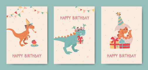 Happy birthday, greeting cards with dinosaurs. Velociraptor, tyrannosaurus and small newborn dino hatched from an egg. Funny dinosaurs on holiday cards for kids. Vector posters,cartoon style on beige.