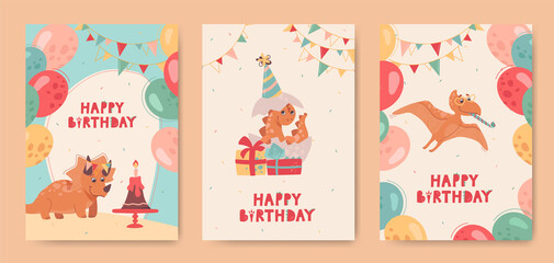 Fototapeta na wymiar Funny dinosaurs on holiday cards for kids. Pteranodon, Triceratops, and a small newborn dinosaur that hatched from an egg. Happy birthday greeting cards. Lettering, balloons, buntings. Vector,cartoon.