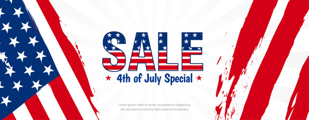 United States of America 4th of July special sale, discount offer design on United States national flag, grunge brush stroke background
