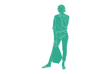 Vector illustration of casual woman carrying her groceries, Flat style with outline