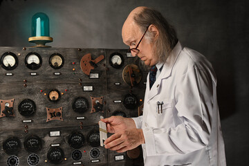Scientist working in its laboratory, doing a physics experiment, checking his calculations with a slide rule