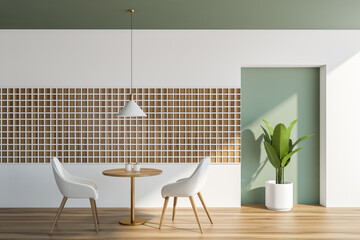 Modern cafe interior with wooden table and two chairs with plant