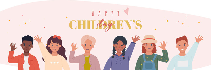 Set with multiethnic children raising their hands in greeting. Children's Day. Illustration in a flat style