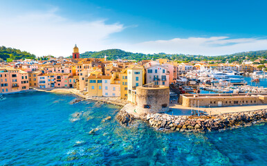 View of the city of Saint-Tropez, Provence, Cote d Azur, a popular destination for travel in Europe - obrazy, fototapety, plakaty
