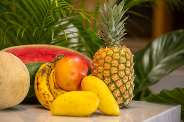 fresh fruit in a basket, pineapple  and watermelon 