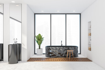 Fototapeta premium Light bathroom interior with bathtub on concrete floor with plant and sink