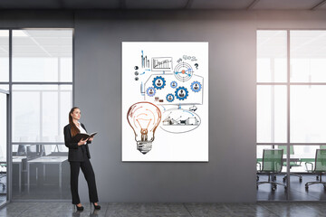 Businesswoman with notebook in hands, business plan on canvas, conference room