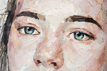 Blue-eyed girl on a white background. Portrait of brown haird women. Oil painting on canvas.