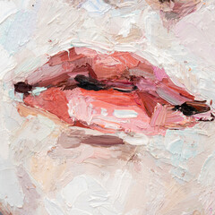 .Fragment of a portrait of a young beautiful girl with red lips. Oil painting on canvas.